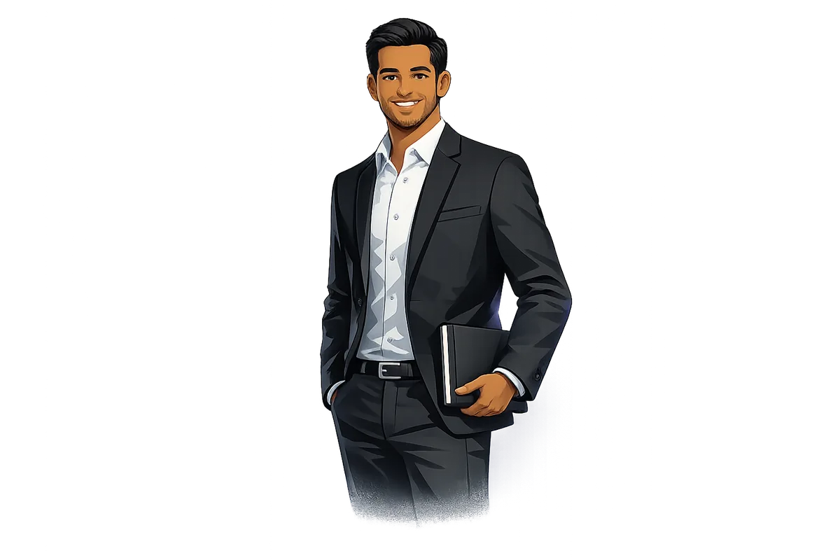 Illustration of a smiling businessman holding a notebook.