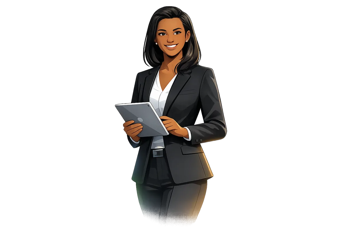 Illustration of a smiling businesswoman holding a tablet.