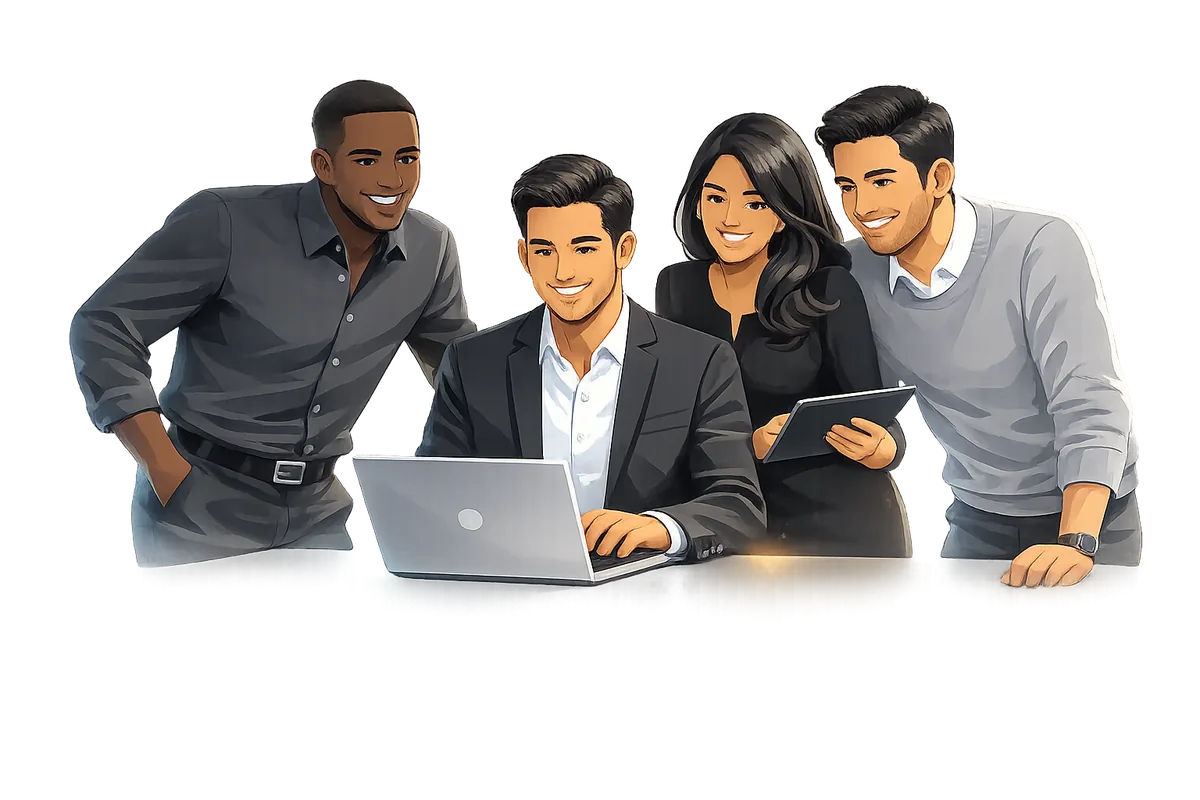 Illustration of a collaborative diverse team reviewing work together around a laptop.