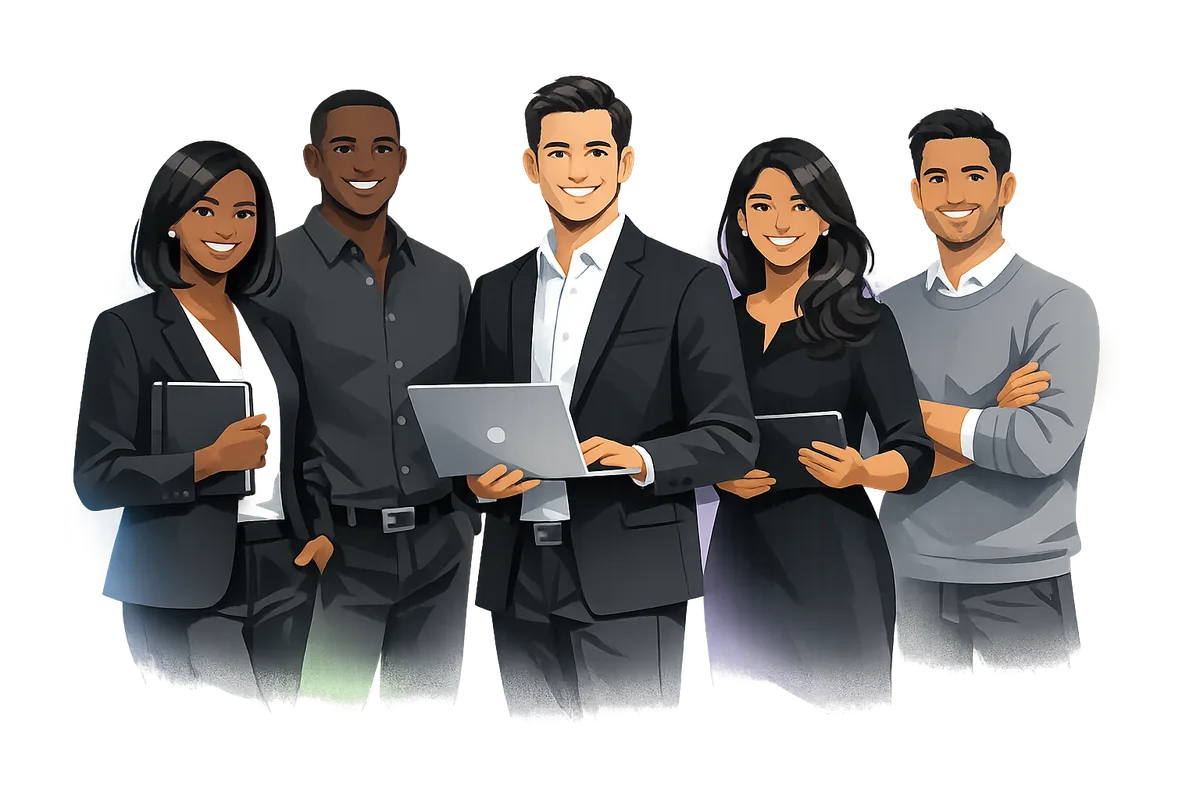 Illustration of a smiling, diverse group of professionals in monochrome business attire with subtle colorful light accents.